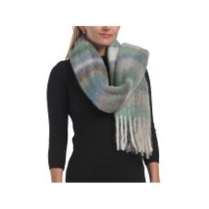 Christina Chiti Shades of Blue Green White Plaid Wool Alpaca Blend Scarf